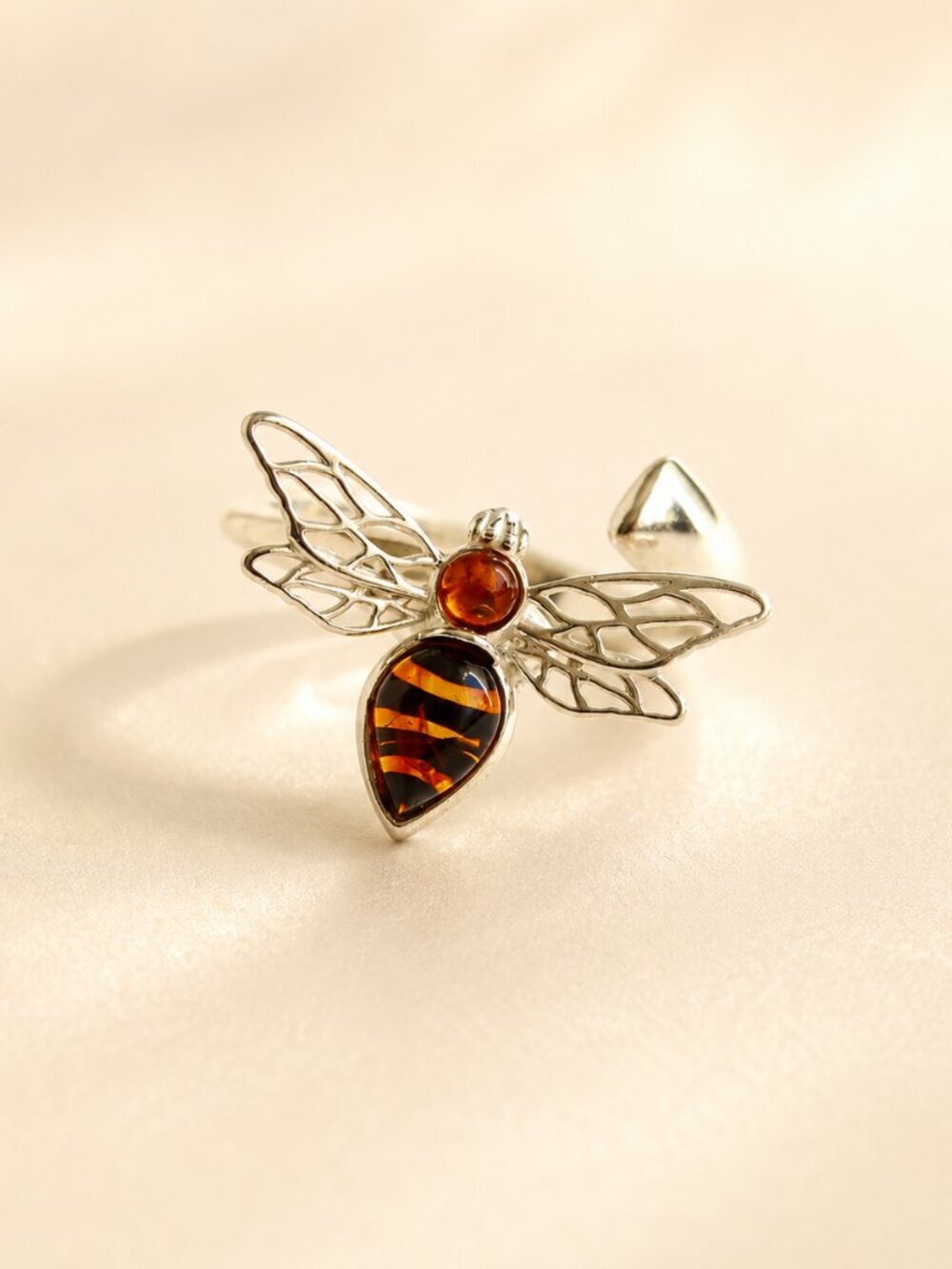 Bee Ring with Baltic Amber and Sterling Silver